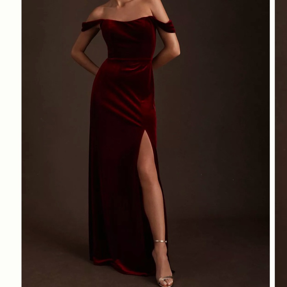Jenny Yoo Issa Off-The-Shoulder Stretch Velvet
Column Gown (Anthropologie)